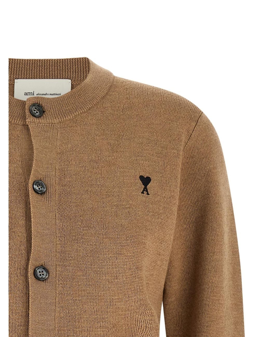 AMI Natural Ami De Coeur Embroidered Wool Crewneck Cardigan