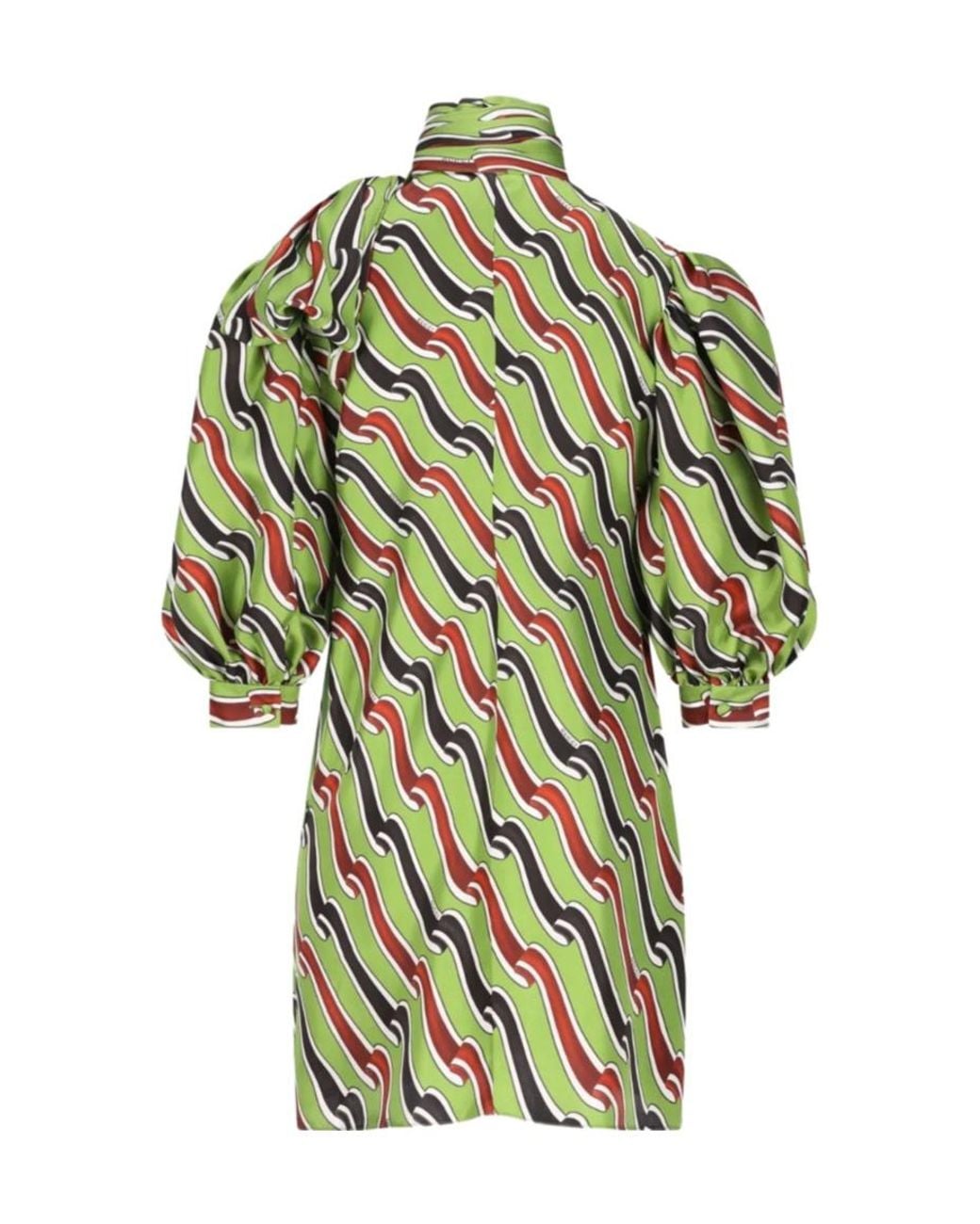 Gucci Green Printed Tie-Neck Midi Dress