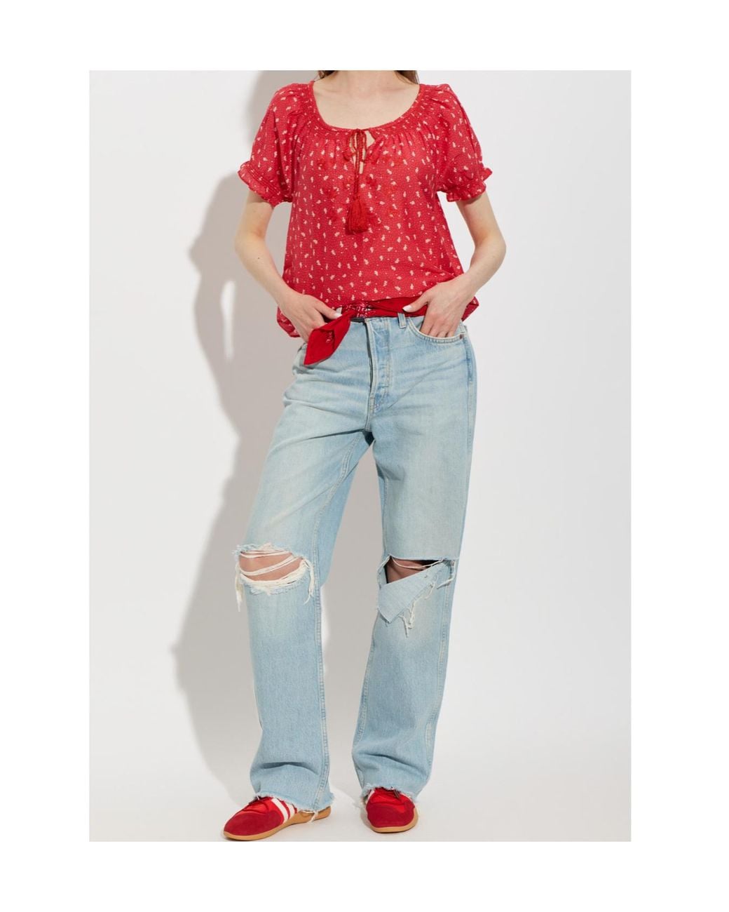 Re/done Katie Embroidered Tie-Neck Top