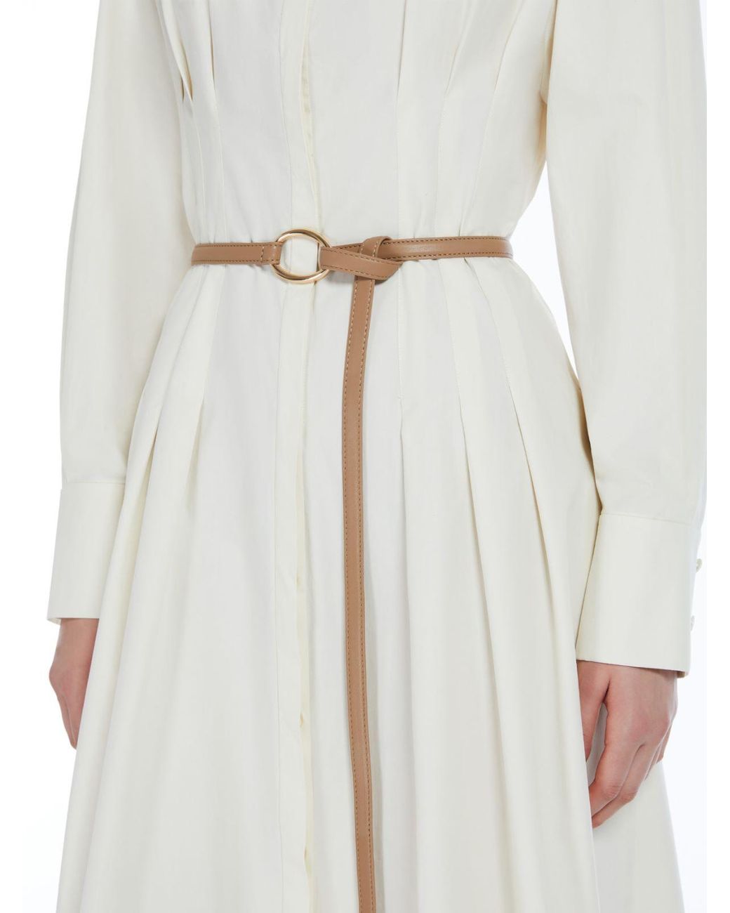 Max Mara White Studio Belted Crewneck Long-Sleeved Dress