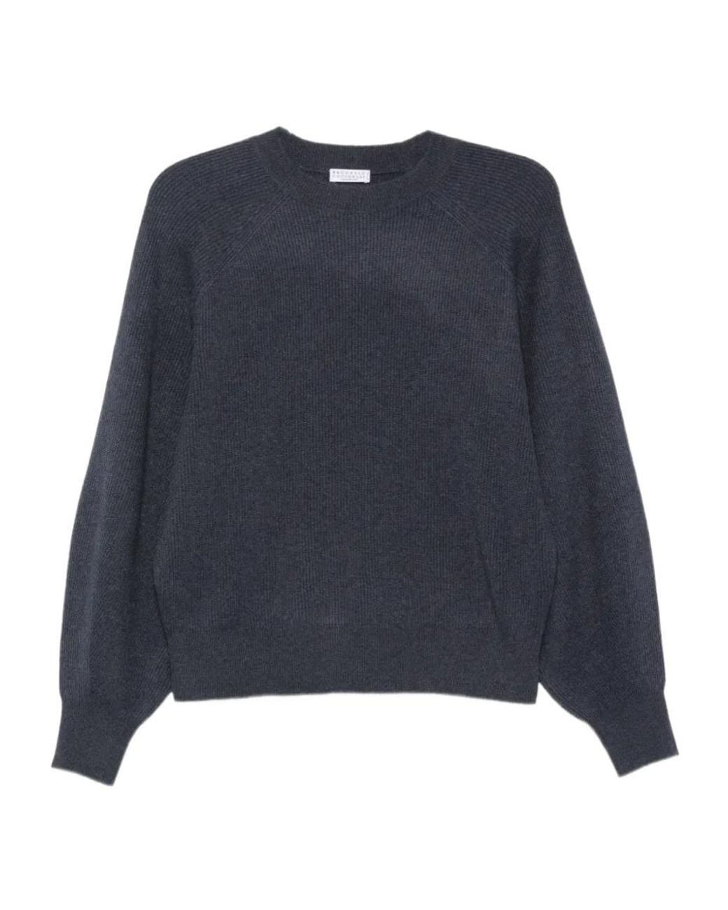 Brunello Cucinelli Blue Ribbed-Knit Raglan-Sleeve Sweater