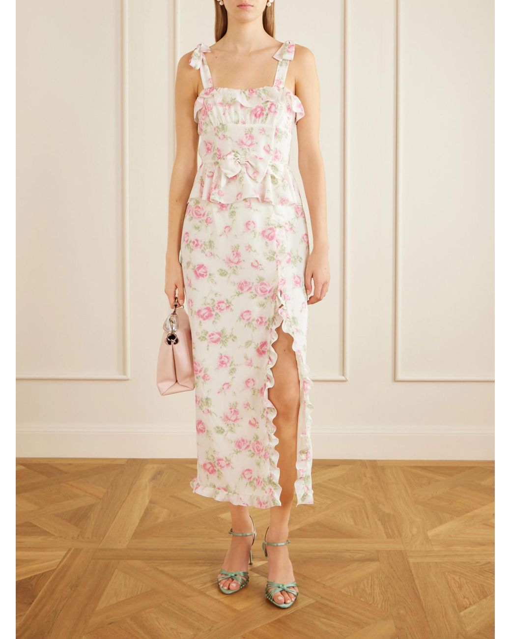 Alessandra Rich White Ruffled Floral-Print Silk Dress