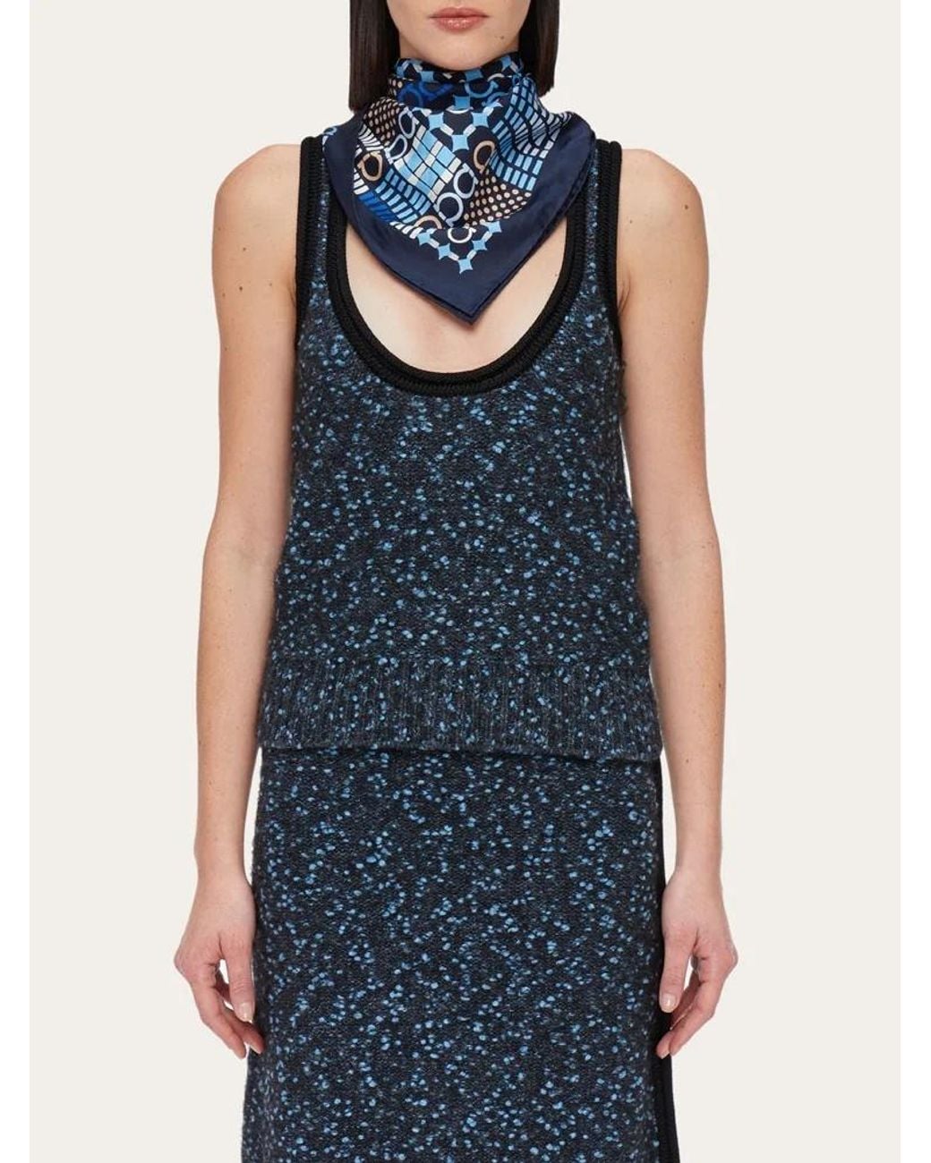 Ferragamo Blue Ferragamo Graphic Printed Satin Scarf