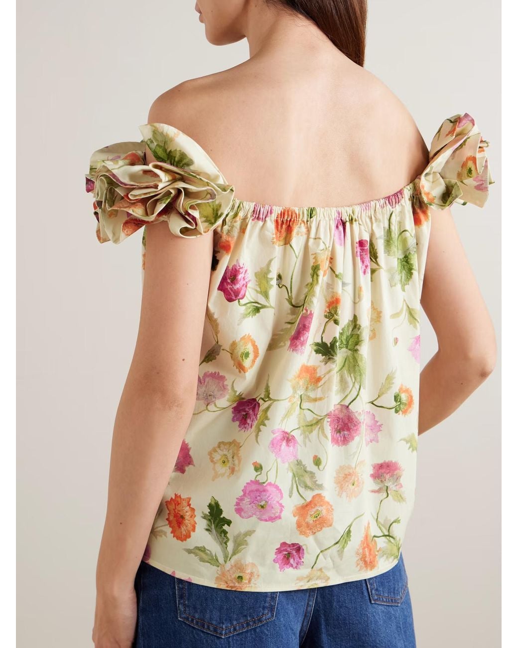 Carolina Herrera Metallic Off-Shoulder Ruffled Printed Top