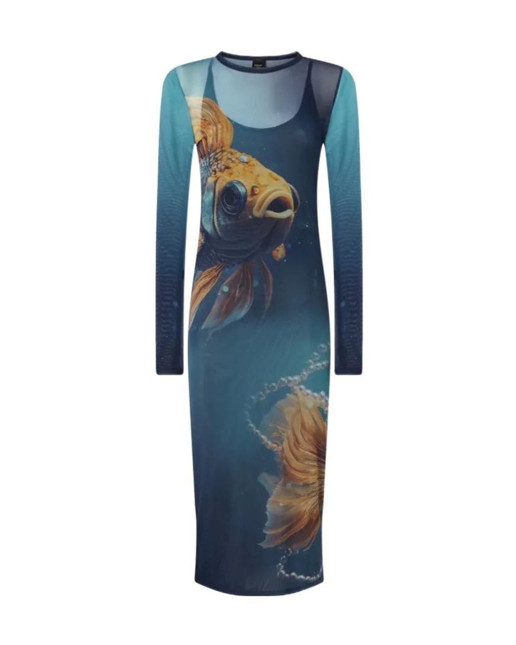 Pinko Blue Fish-Print Mesh Midi Dress