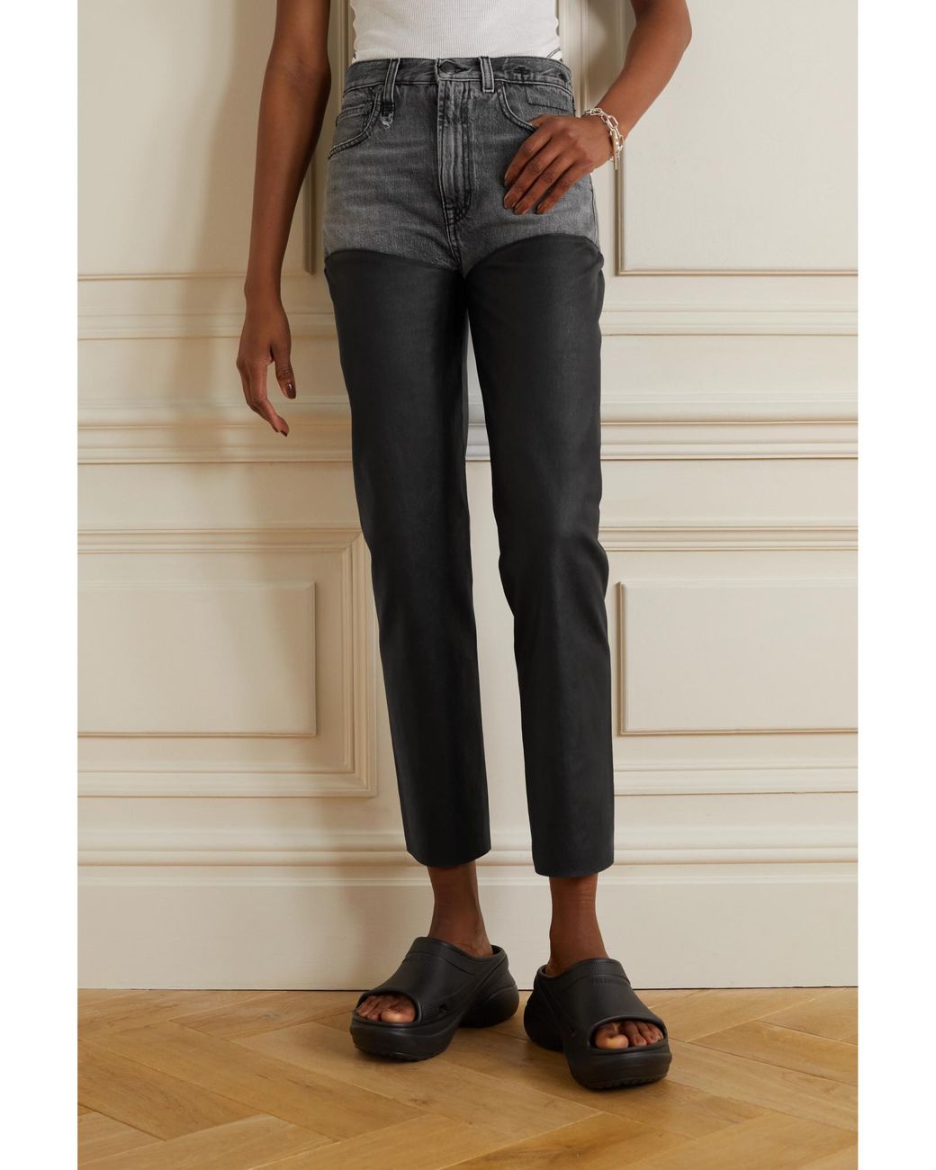 R13 Gray High-Waisted Leather-Paneled Jeans