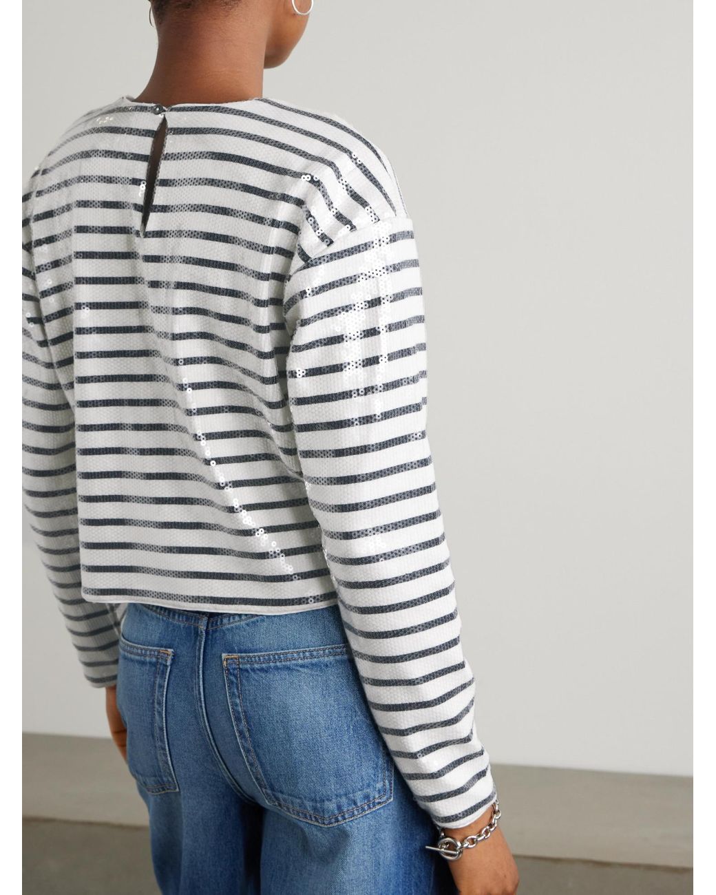 FRAME White Pleated Sequined Striped Sweater
