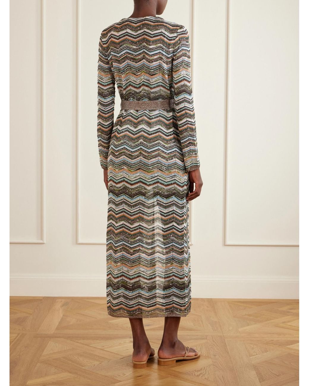Missoni Gray Striped Belted Crochet-Knit Cardigan
