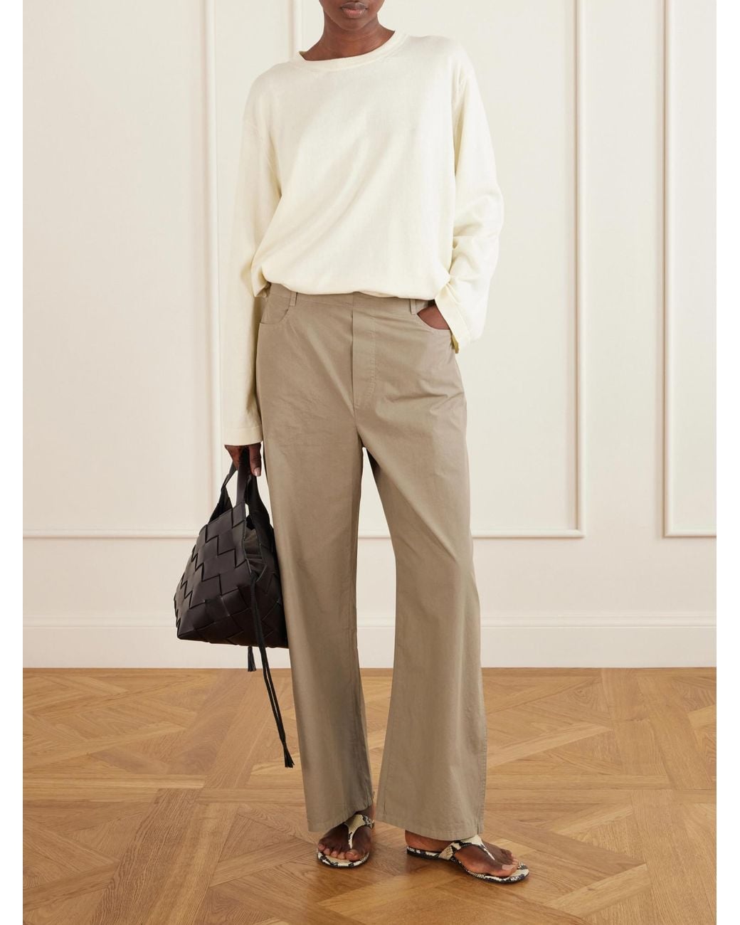 Leset Natural Kyoto Cotton-Poplin Low-Rise Wide-Leg Pants