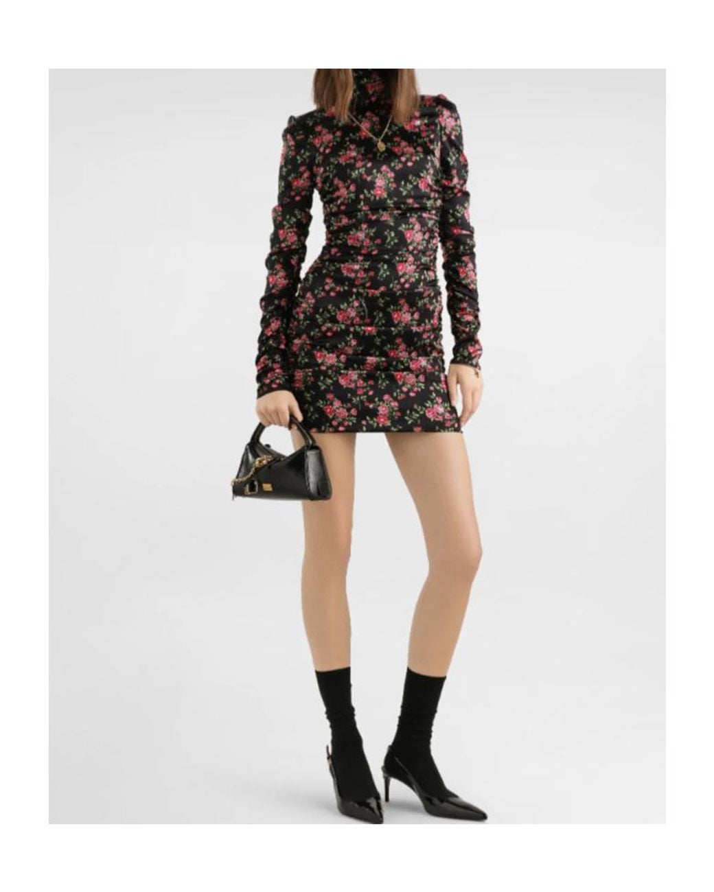 Dolce & Gabbana Black Small Rose Bouquets-Printed Mini Satin Dress