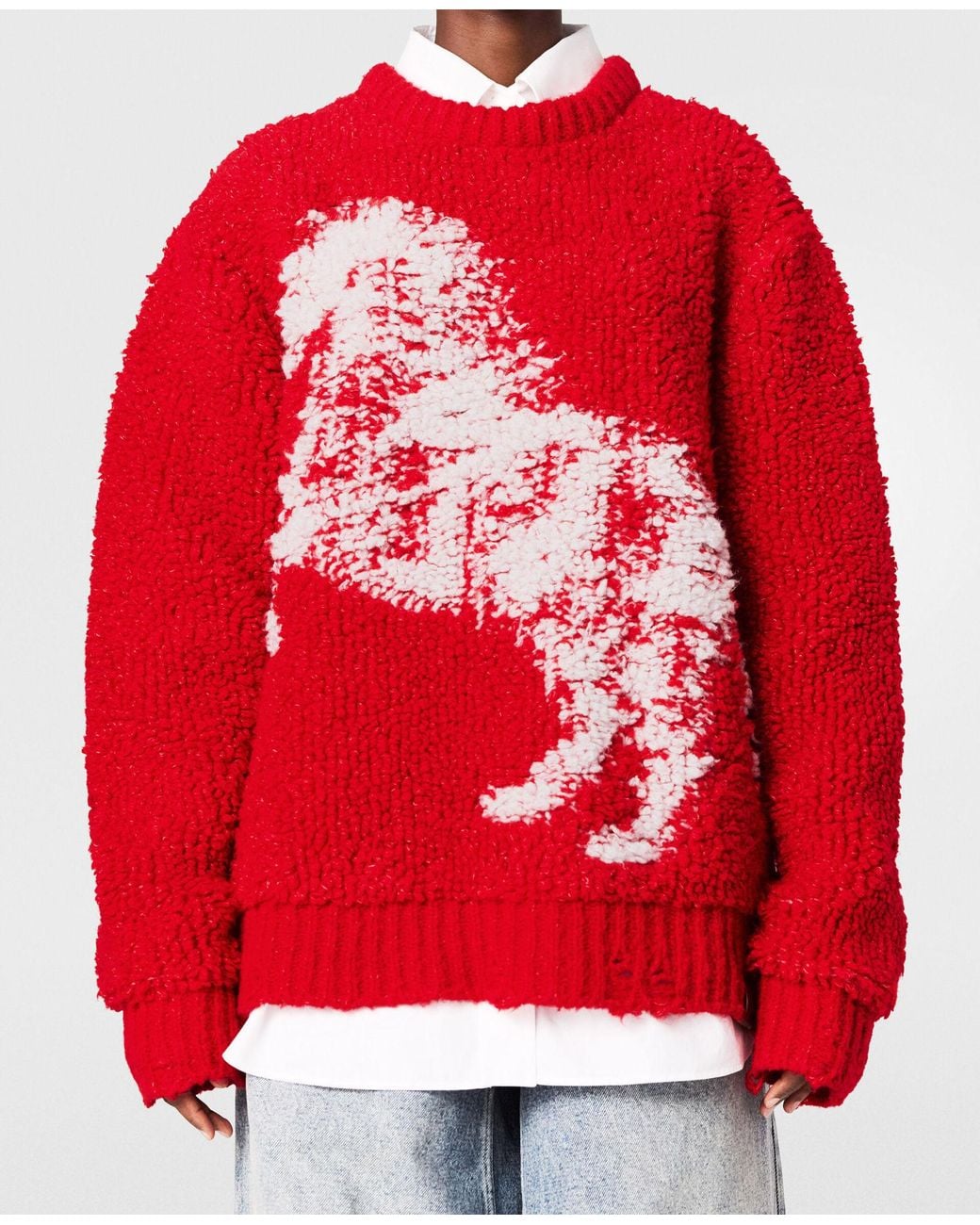 Stella McCartney Red Oversized Distressed Jacquard-Knit Wool-Blend Fleece Sweater
