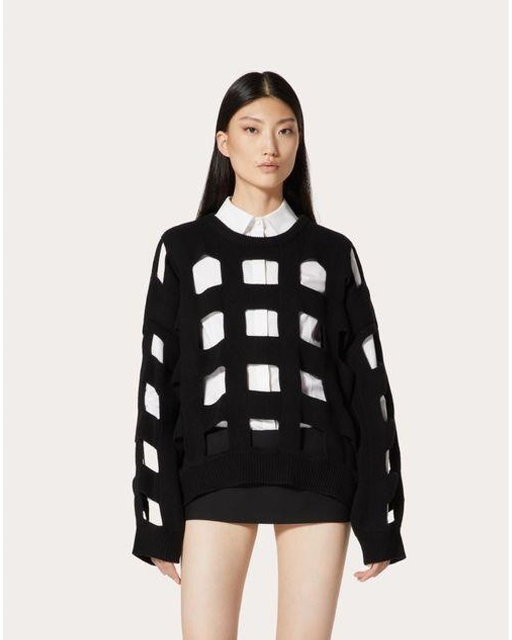 Valentino Black Open-Knit Virgin Wool Jumper