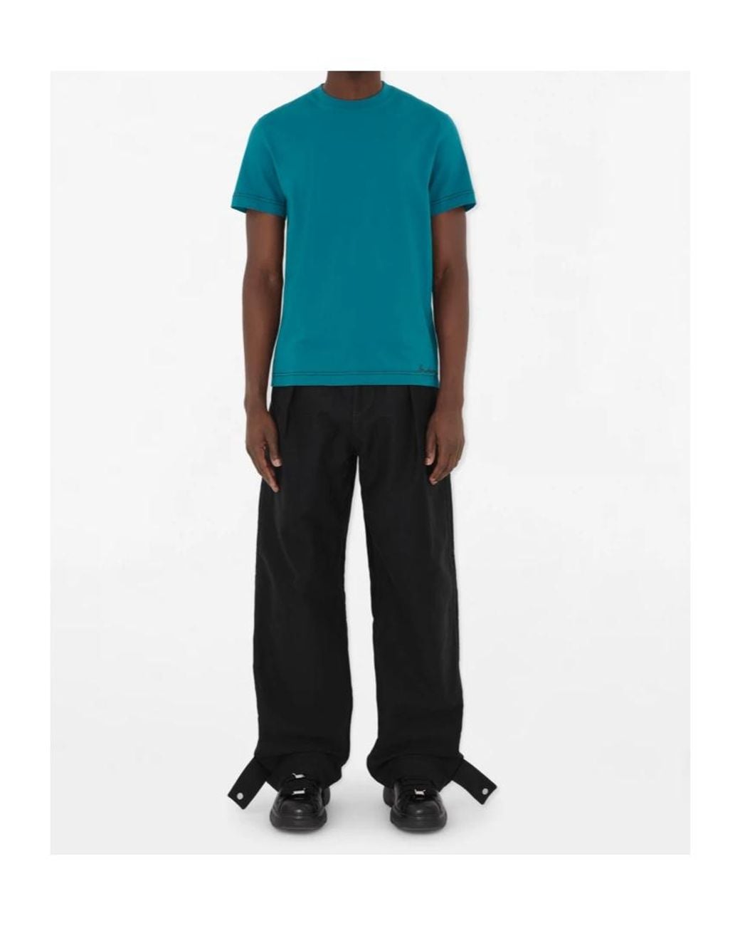 Burberry Blue Contrast-Stitching Cotton T-Shirt for men