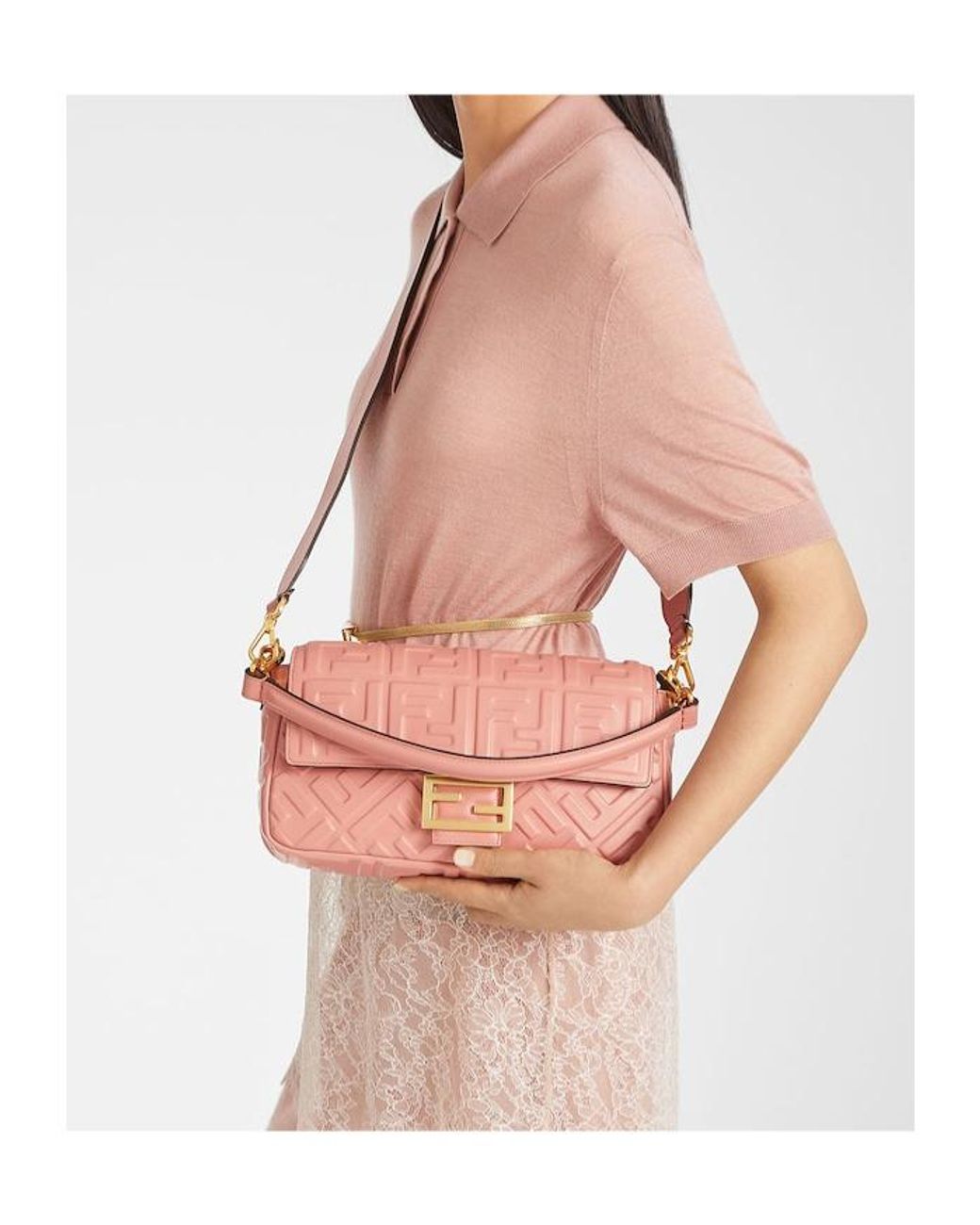 Fendi Pink Baguette Ff Embossed Shoulder Bag