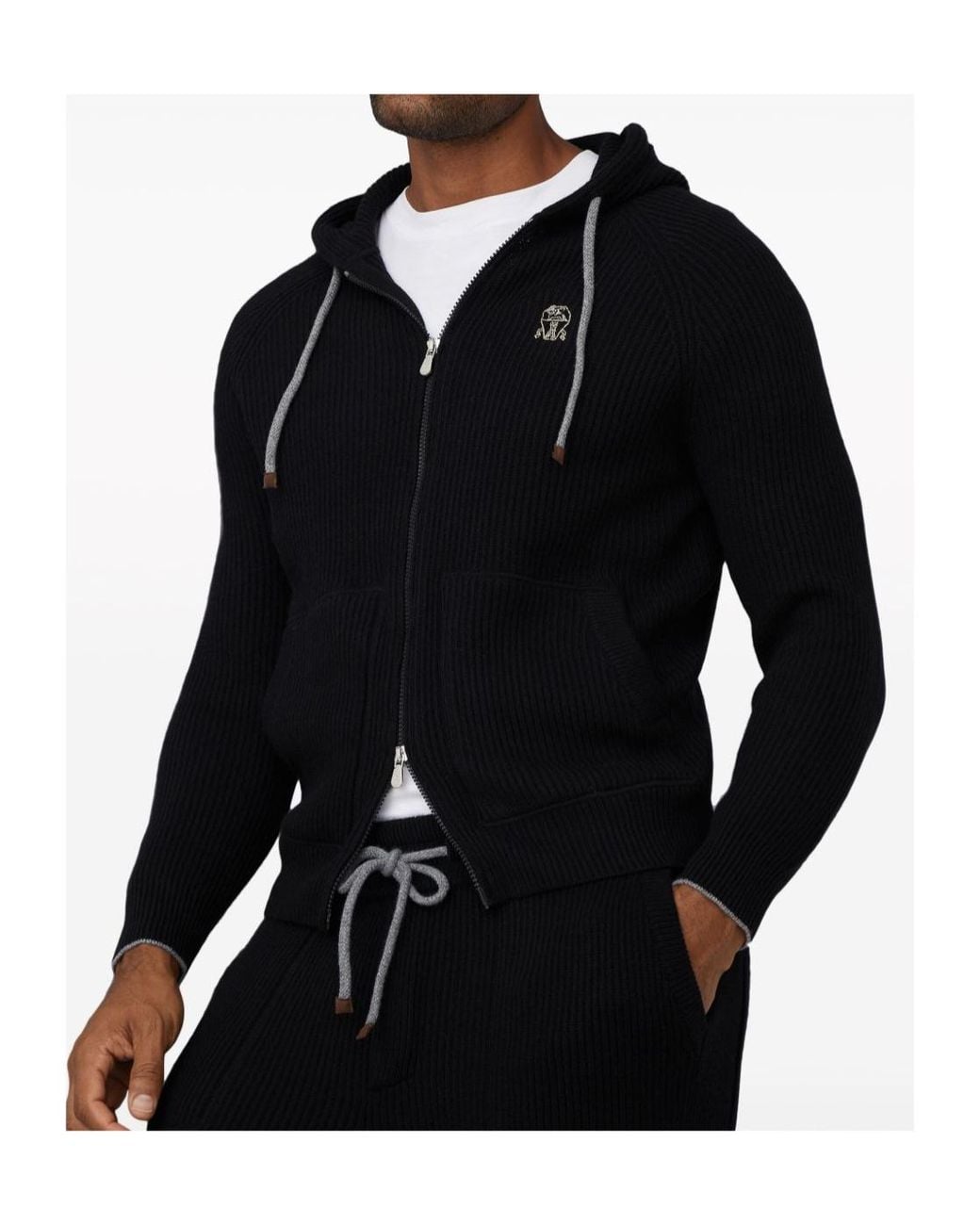 Brunello Cucinelli Blue Logo Embroidered Zipped English Rib Knit Hooded Sweatshirt for men