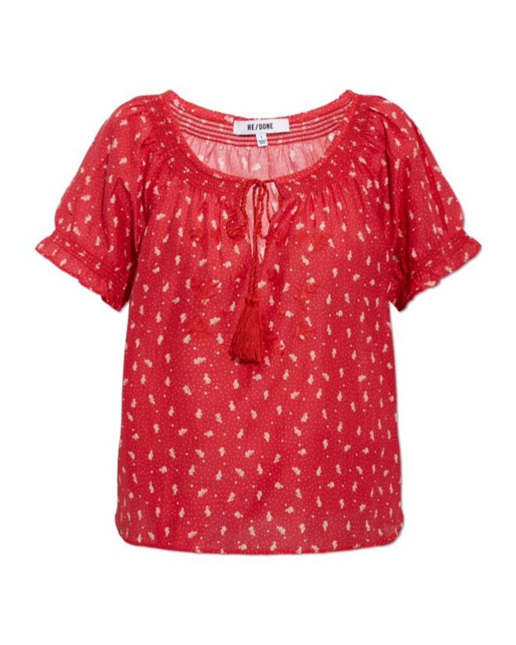 Re/done Katie Embroidered Tie-Neck Top