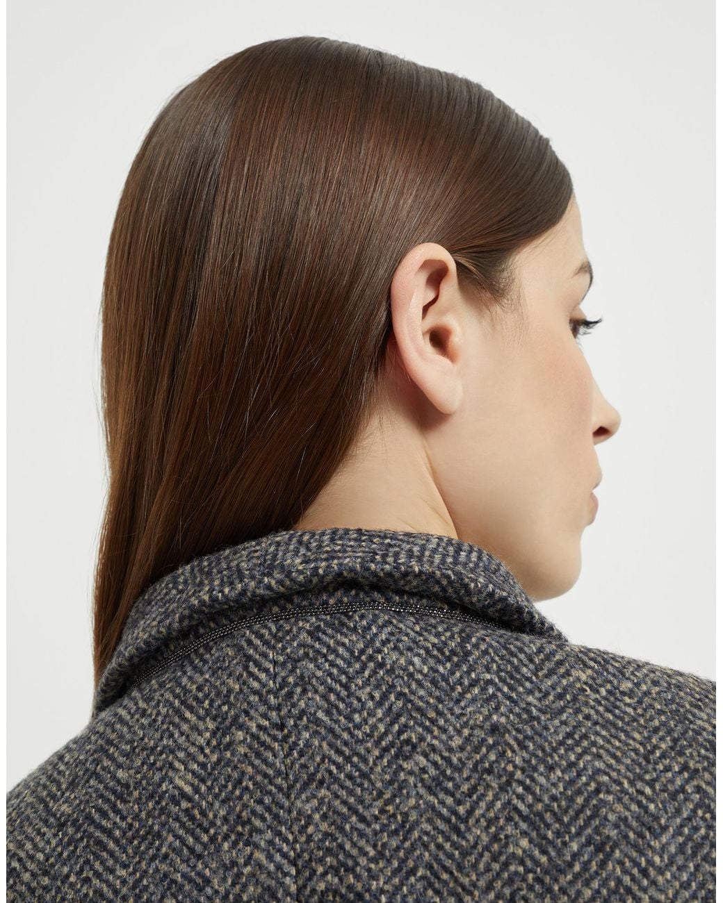 Brunello Cucinelli Gray Herringbone Patterned Belted Jacket