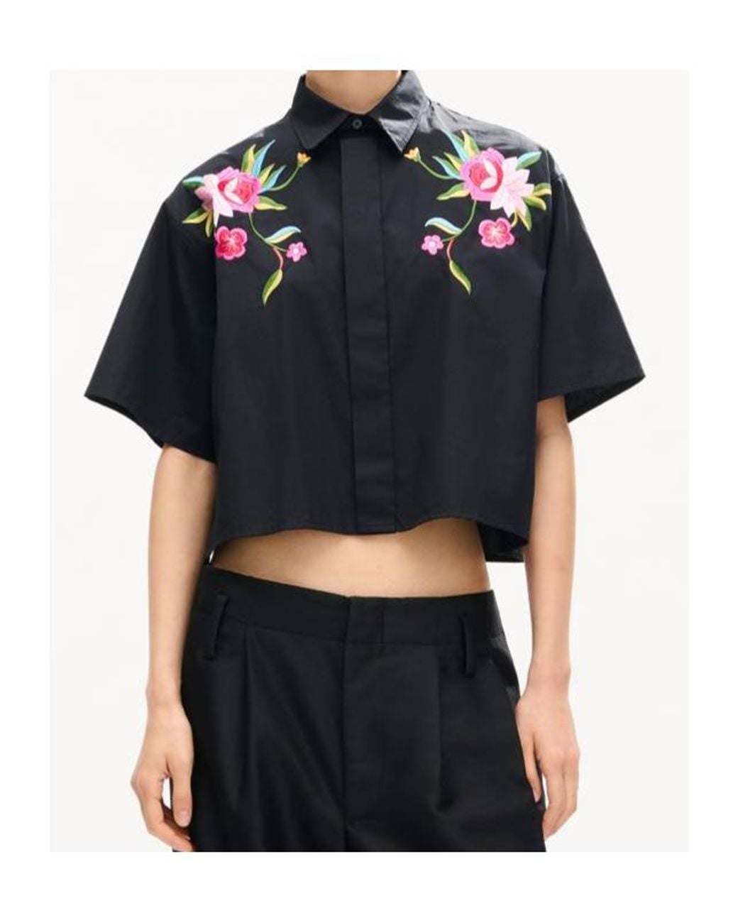 KENZO Black Floral Embroidered Cropped Shirt