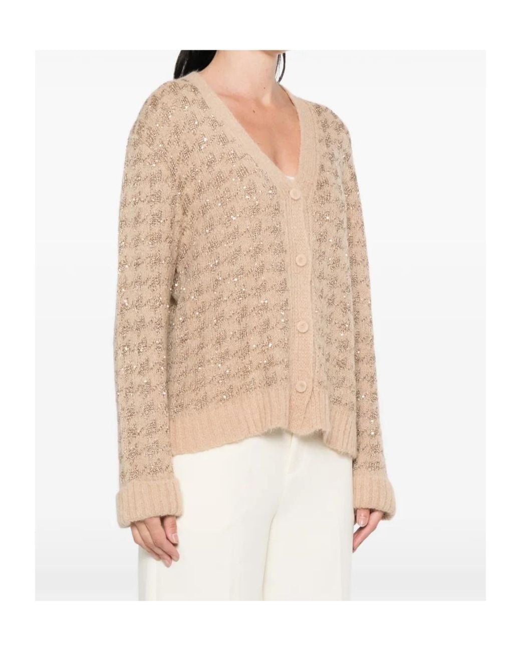 Twinset Natural Sequin-Embellished Houndstooth Cardigan