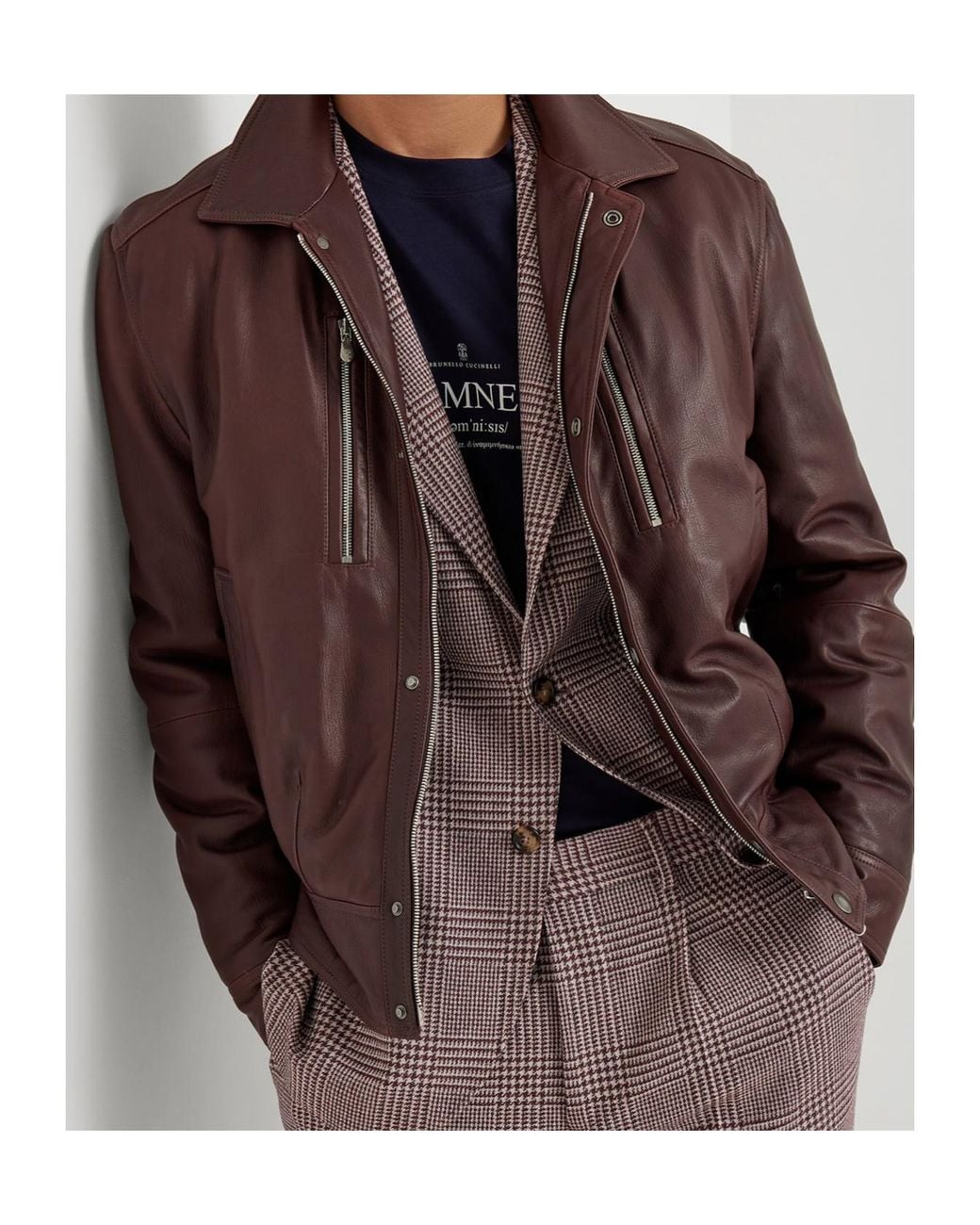 Brunello Cucinelli Brown Collared Biker Jacket for men