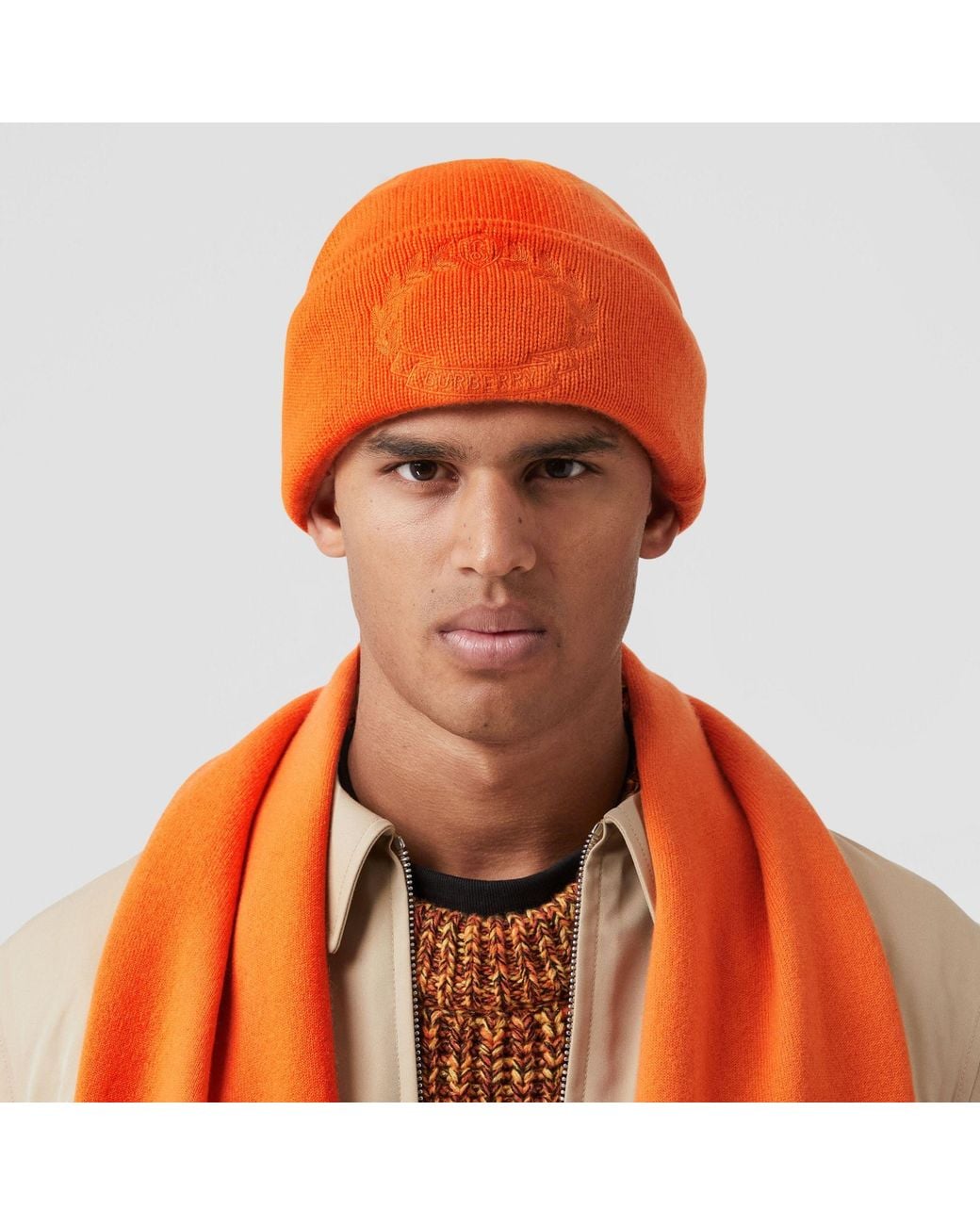 Burberry Orange Crest-Embroidered Cashmere Beanie for men