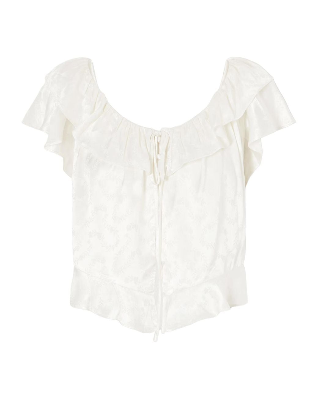 Doen White Ruffled Satin-Jacquard Blouse