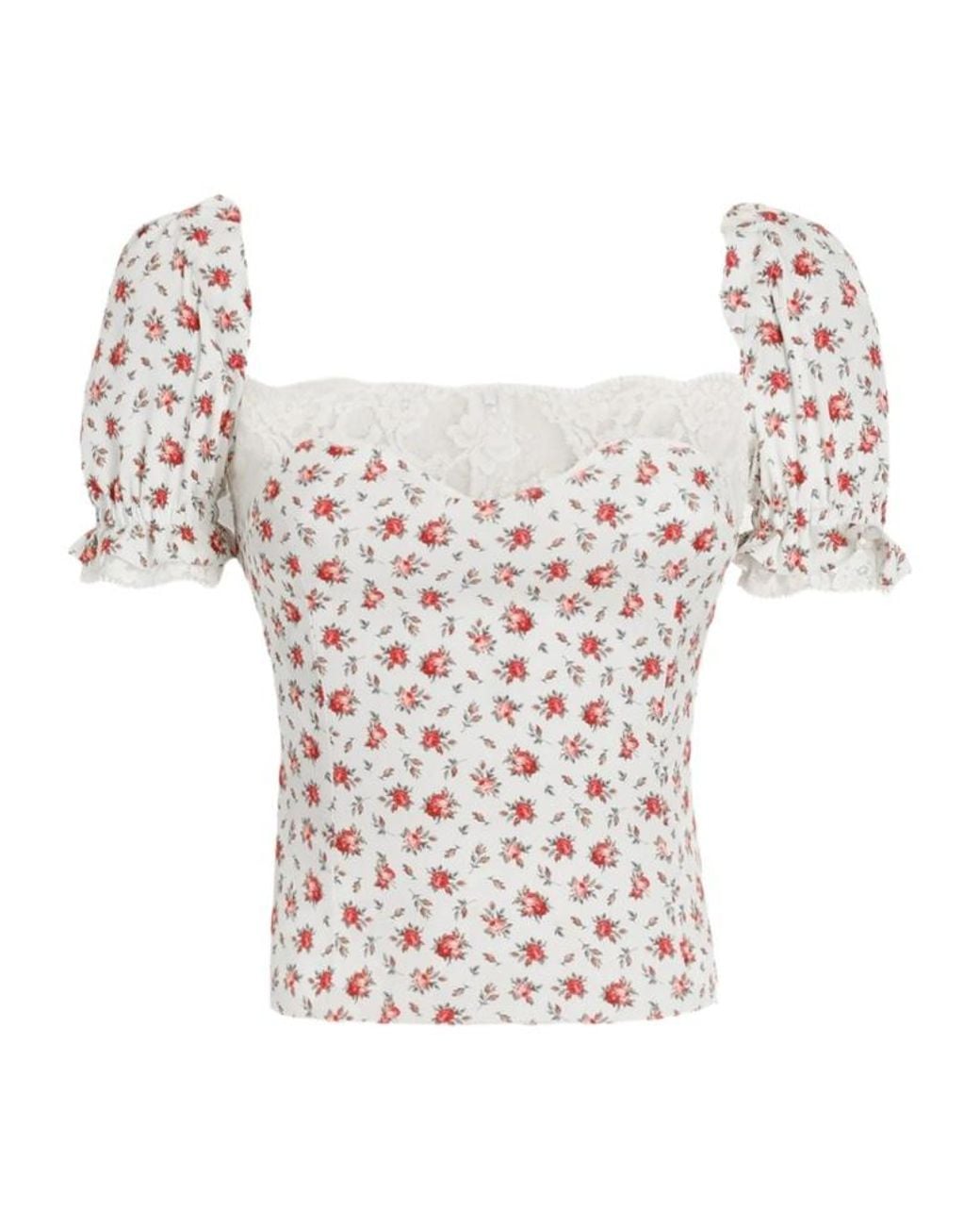 Dolce & Gabbana White Small Rose-Printed Charmeuse Top