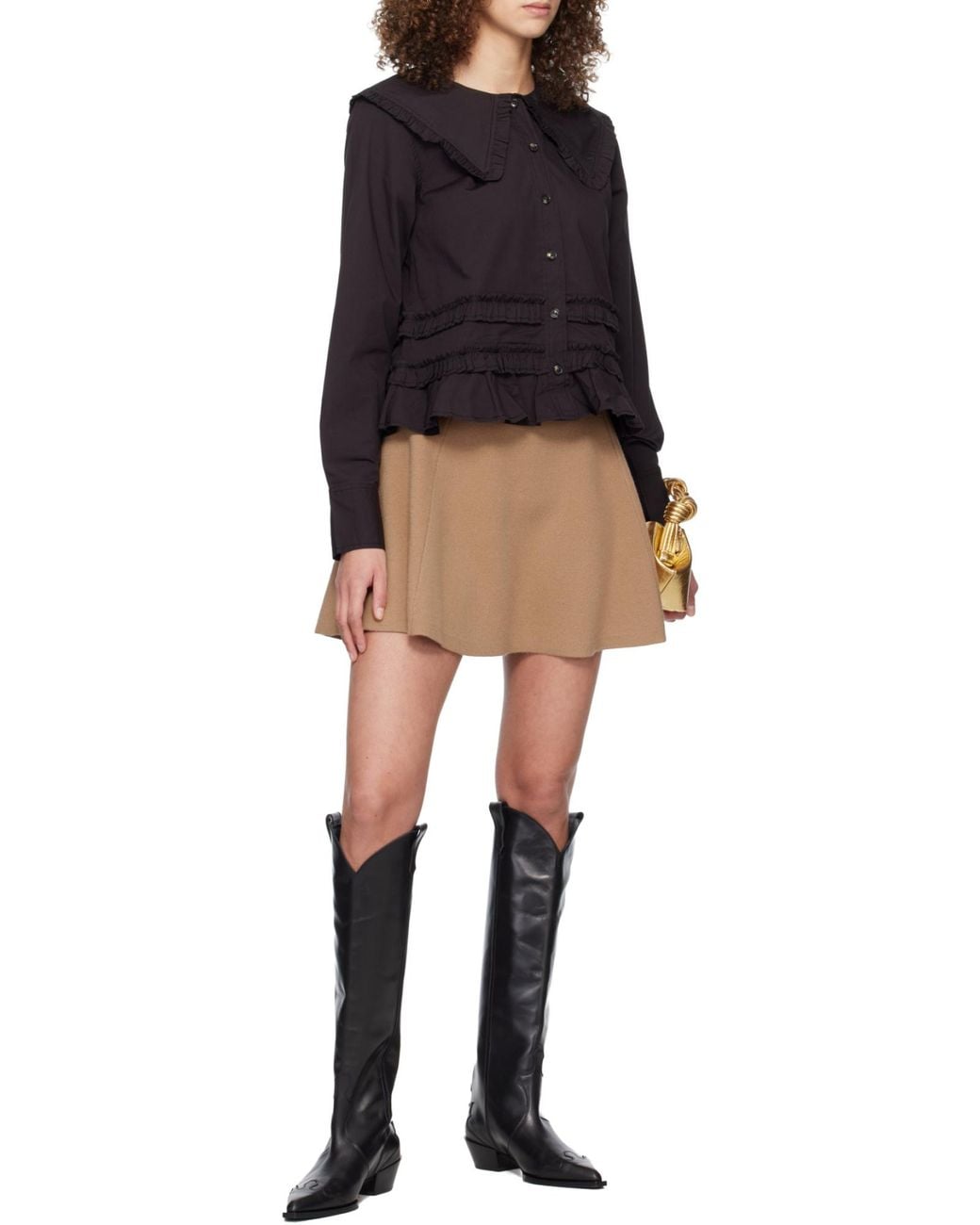 Ganni Black Long-Sleeved Ruffled Shirt