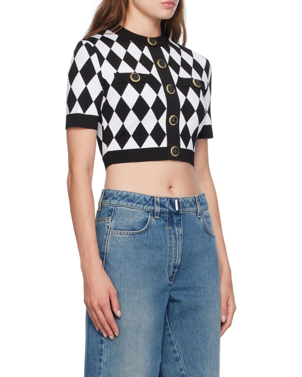 Balmain Black Buttoned Diamond Crop Top