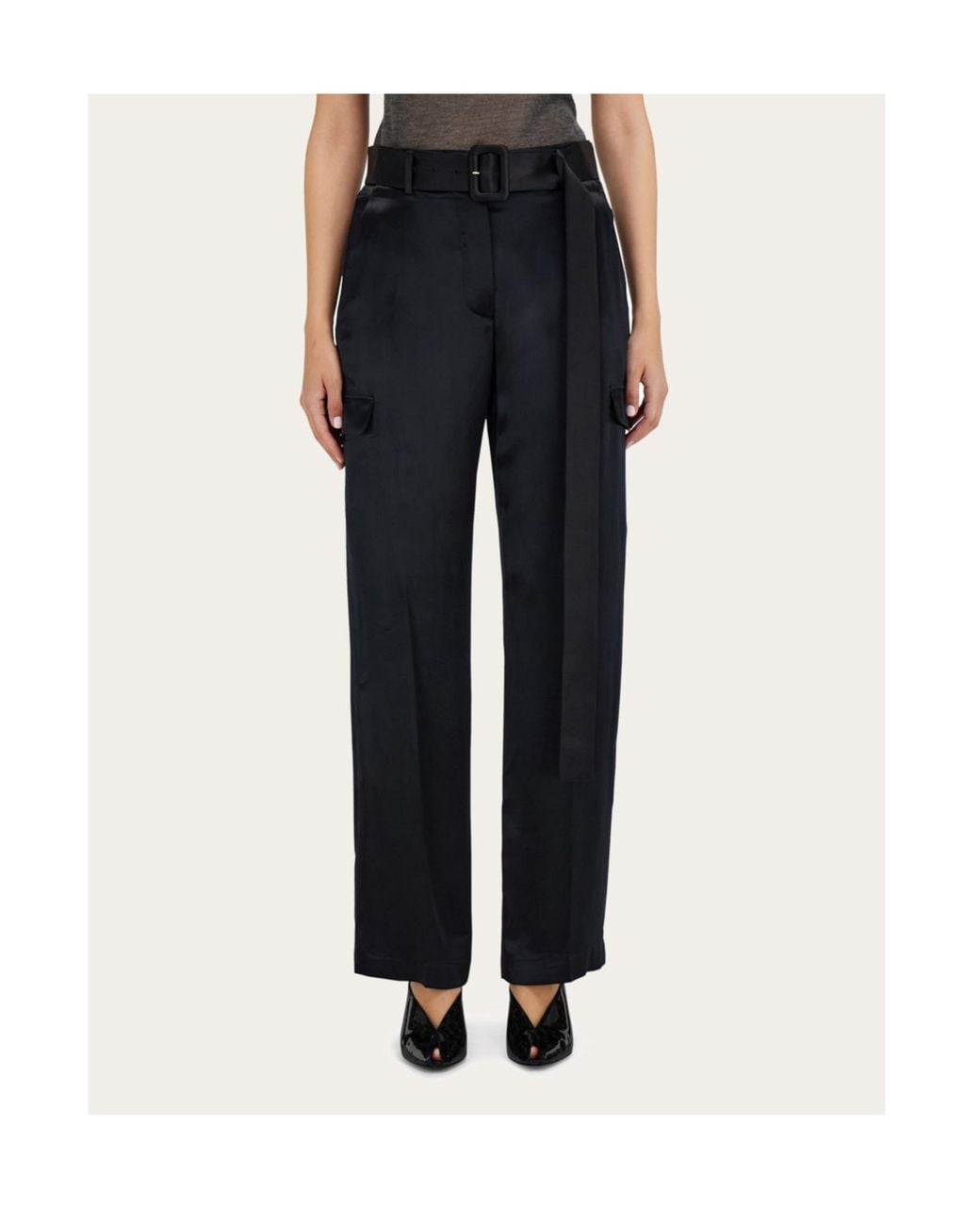 Ferragamo Black Ferragamo Belted Waist Satin Cargo Trousers