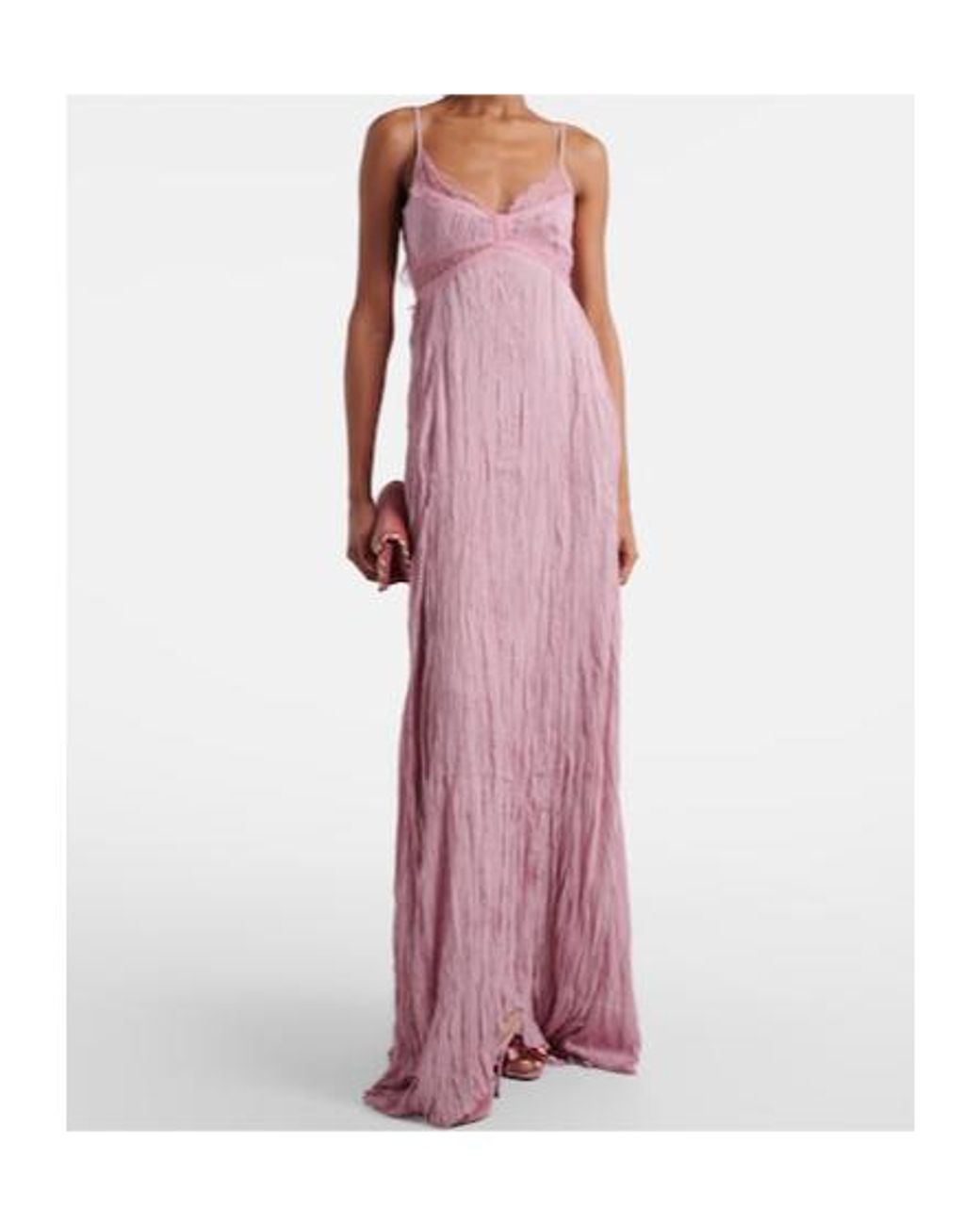 Blumarine Pink Lace-Trimmed Plisse Georgette Gown