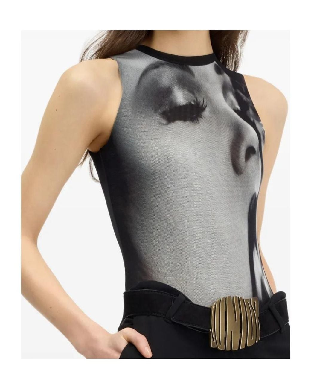 Jean Paul Gaultier Gray Smoking Printed Mesh Bodysuit