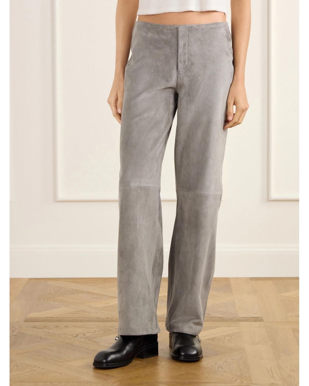 Still Here Gray Suede Low-Rise Straight-Leg Pants