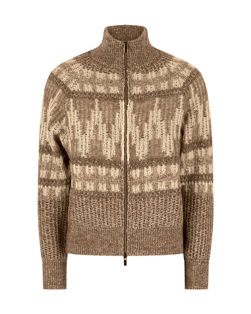 Peserico Brown Full Zip Stand Collar Patterned Knit Jacket