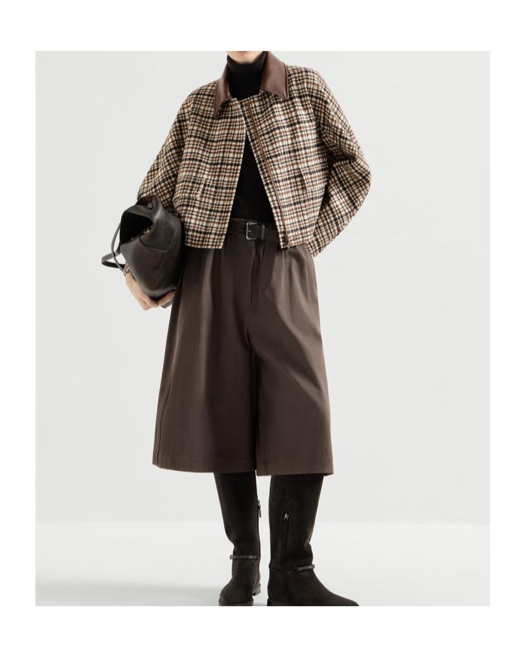 Brunello Cucinelli Brown Comfort Checked Wool And Alpaca Outerwear Jacket With Leather Collar And Monili