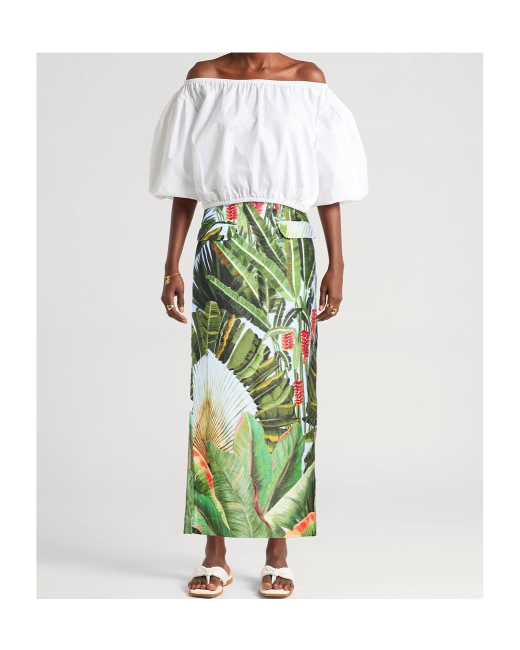 Farm Rio Green Floral Midi Skirt