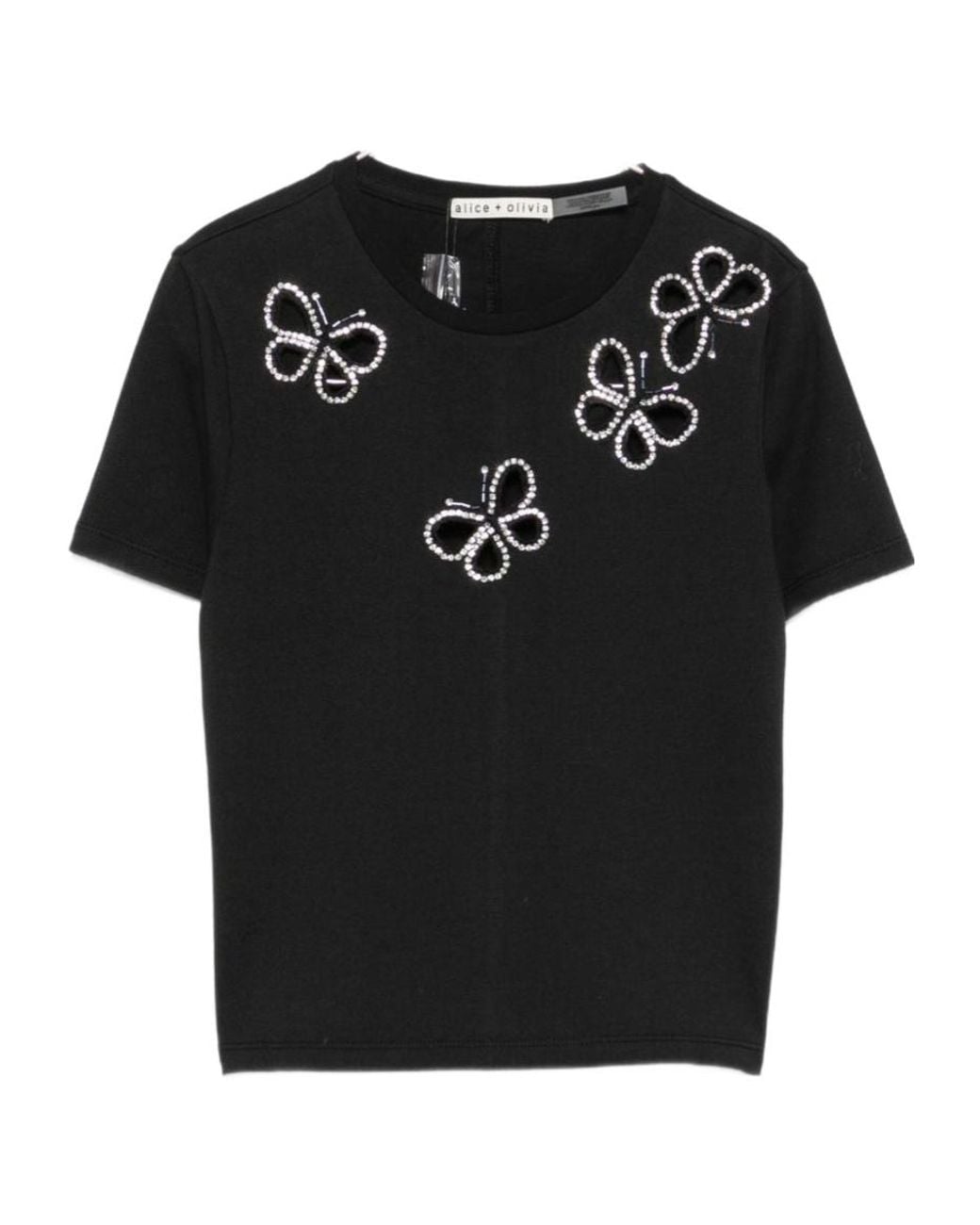 Alice + Olivia Black Cotton Crystal Embellished Cutout T-Shirt
