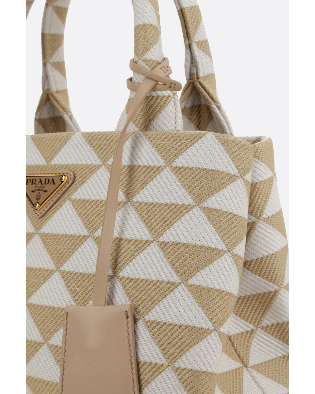Prada Natural Symbole Embroidered Top Handle Bag