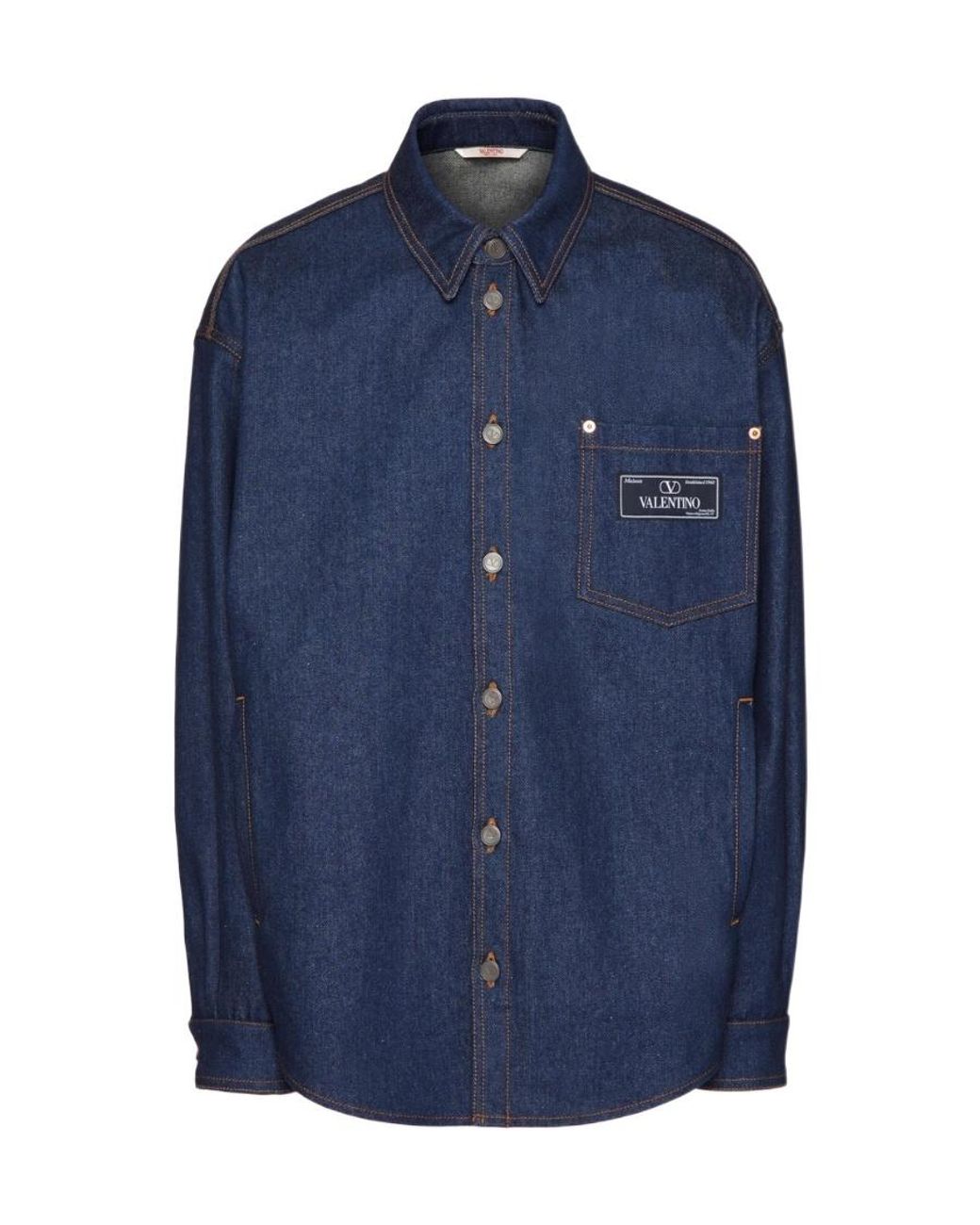 Valentino Blue Logo Patch Long-Sleeved Denim Shirt for men