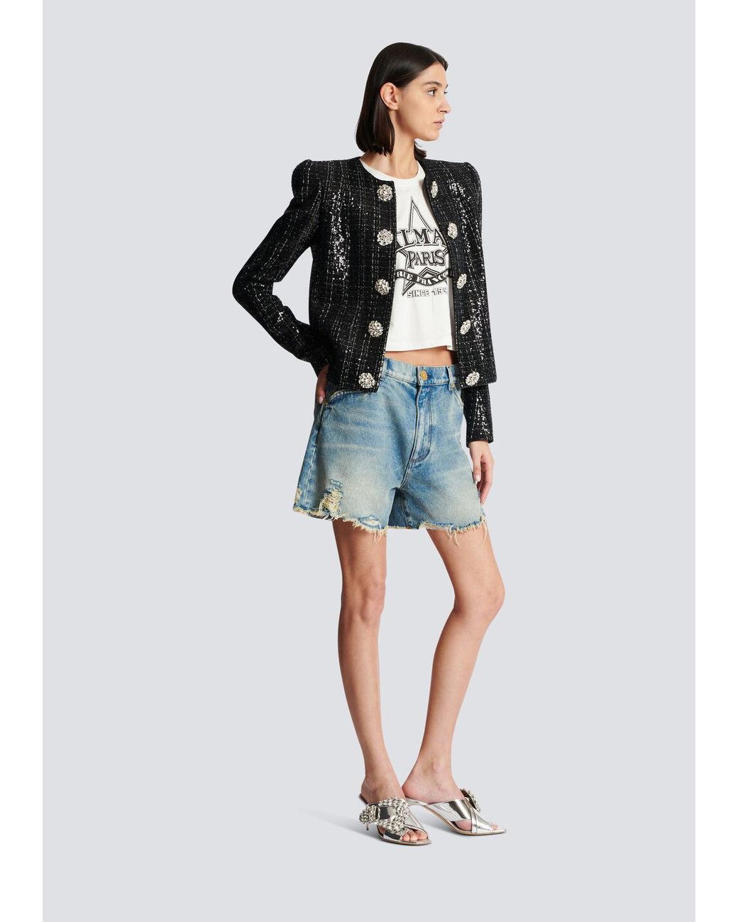 Balmain Black Tweed Sequin Embellished Jacket