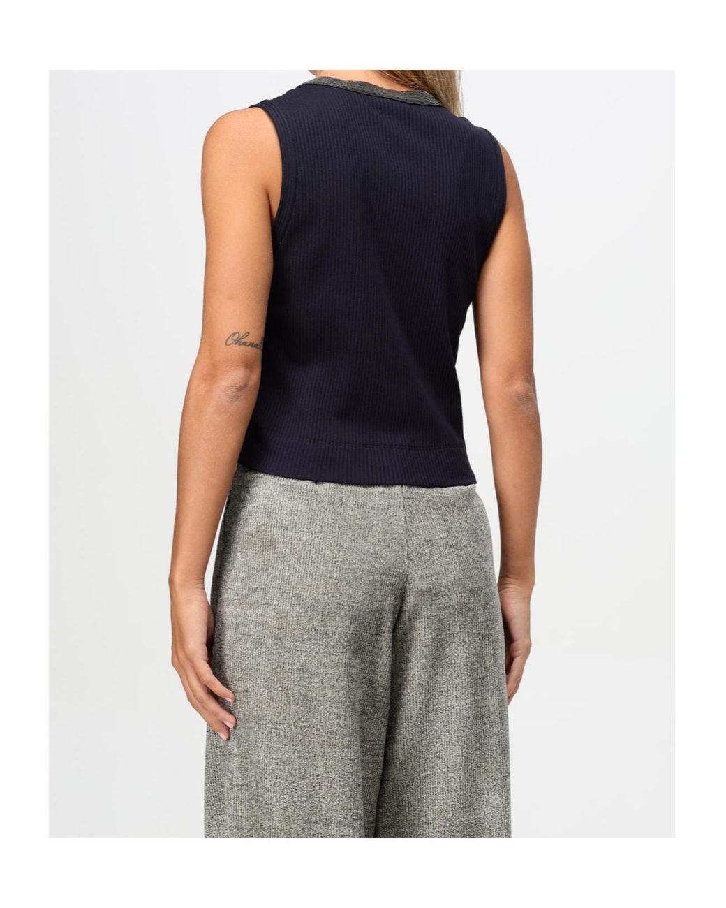 Brunello Cucinelli Blue V-Neck Sleeveless Ribbed Top