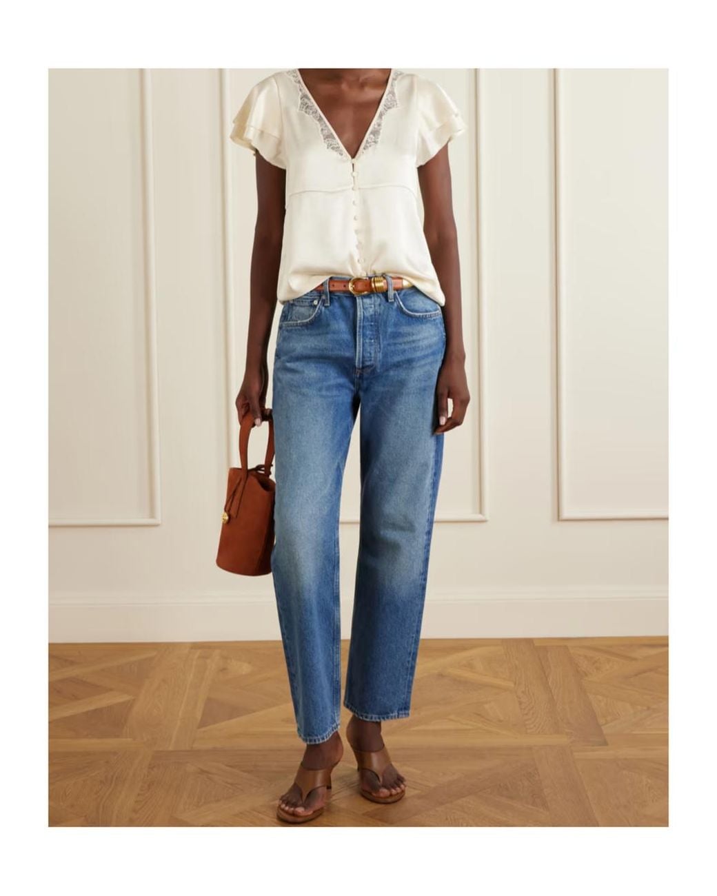 Citizens of Humanity White Lola Flutter Lace-Trimmed Satin Blouse