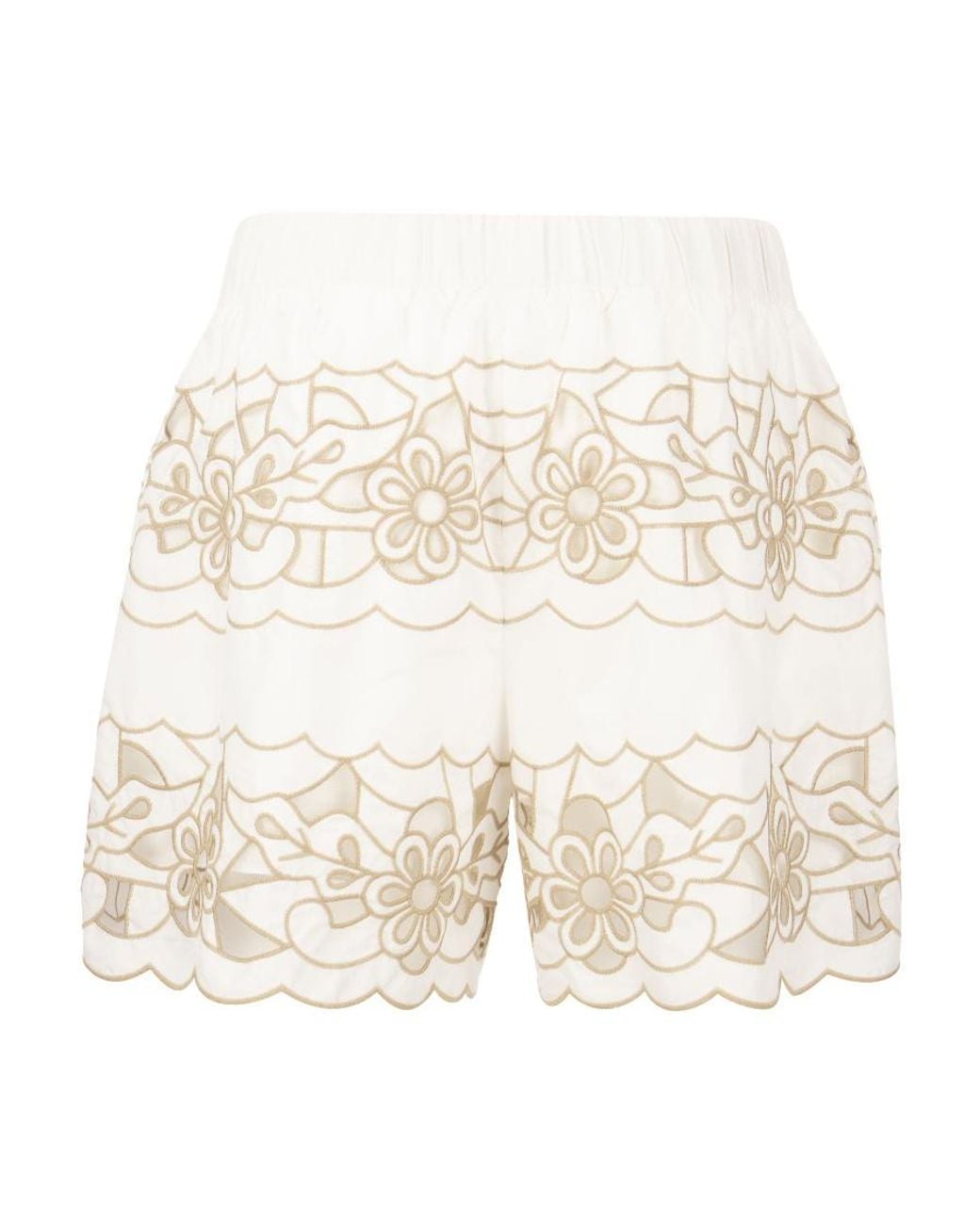 RED Valentino Natural Floral Cut-Out Embroidered Shorts