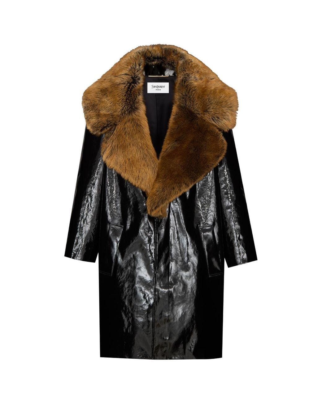 Saint Laurent Black Glossy Shearling-Collar Coat