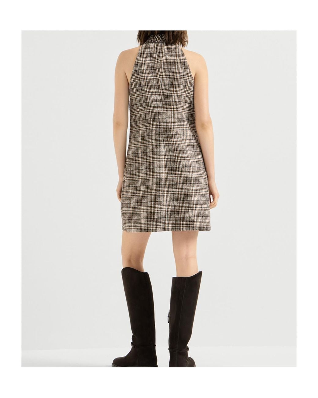 Brunello Cucinelli Brown Checked Alpaca And Wool Dress With Monili