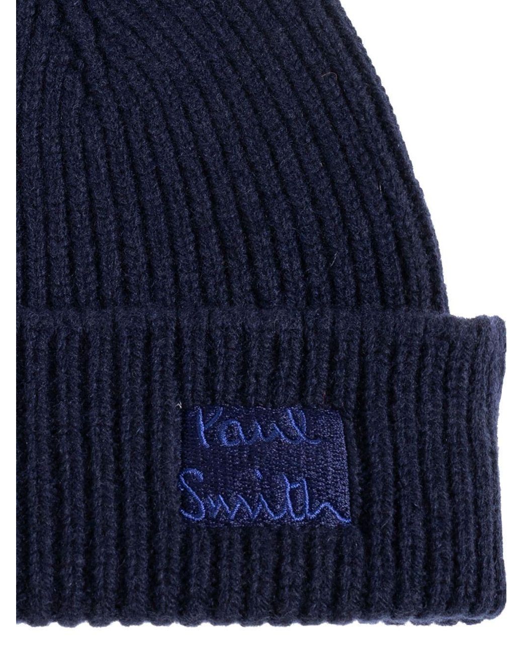 Paul Smith Blue Logo Patch Ribbed Beanie Hat for men