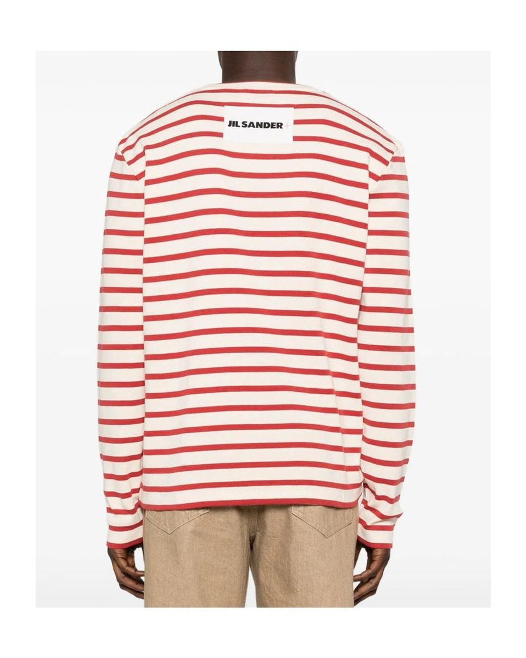 Jil Sander Red Logo Patch Striped Long Sleeved T-Shirt for men