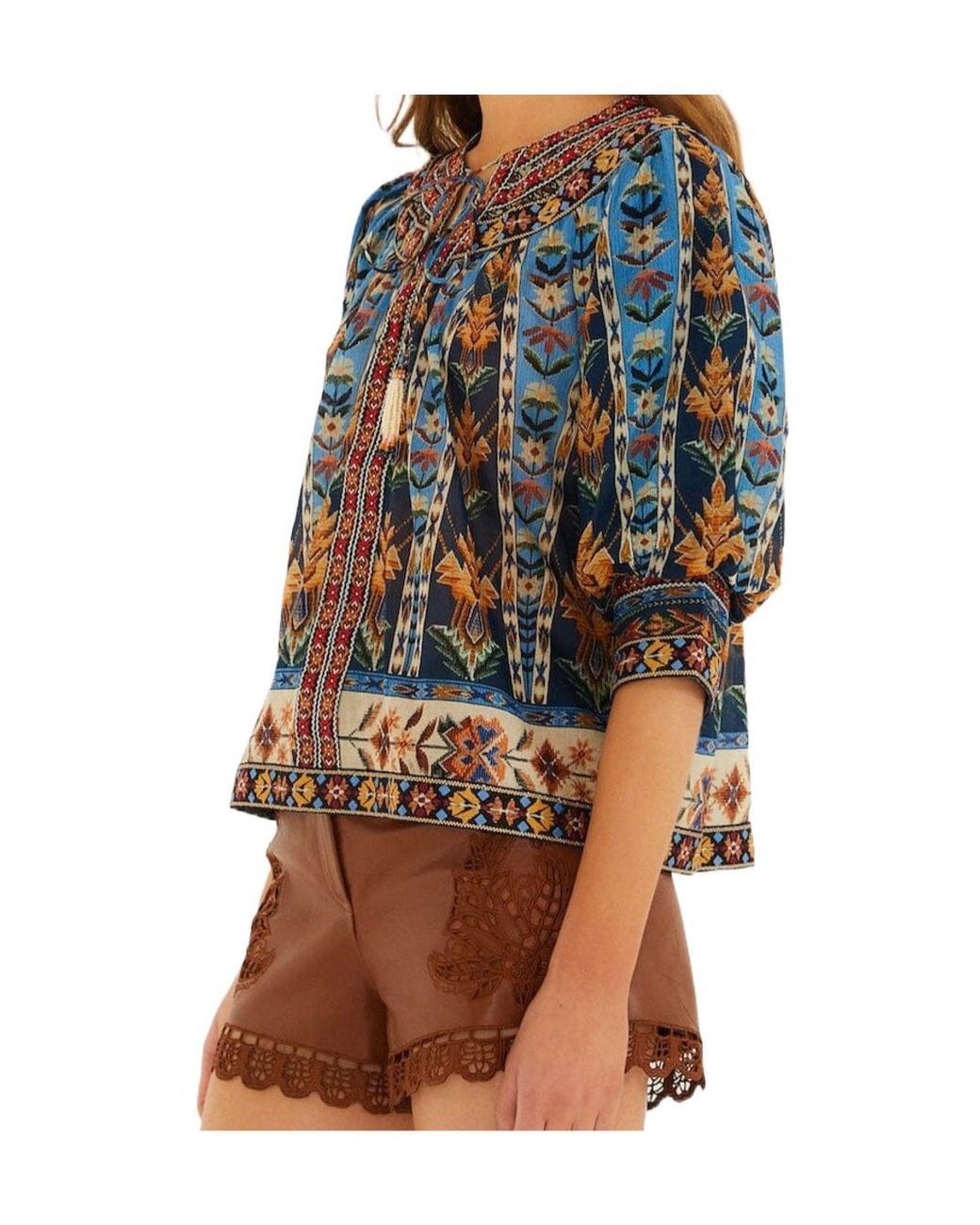 Farm Rio Blue Dress Embroidered Tapestry With Short Sleeves And Embroidery
