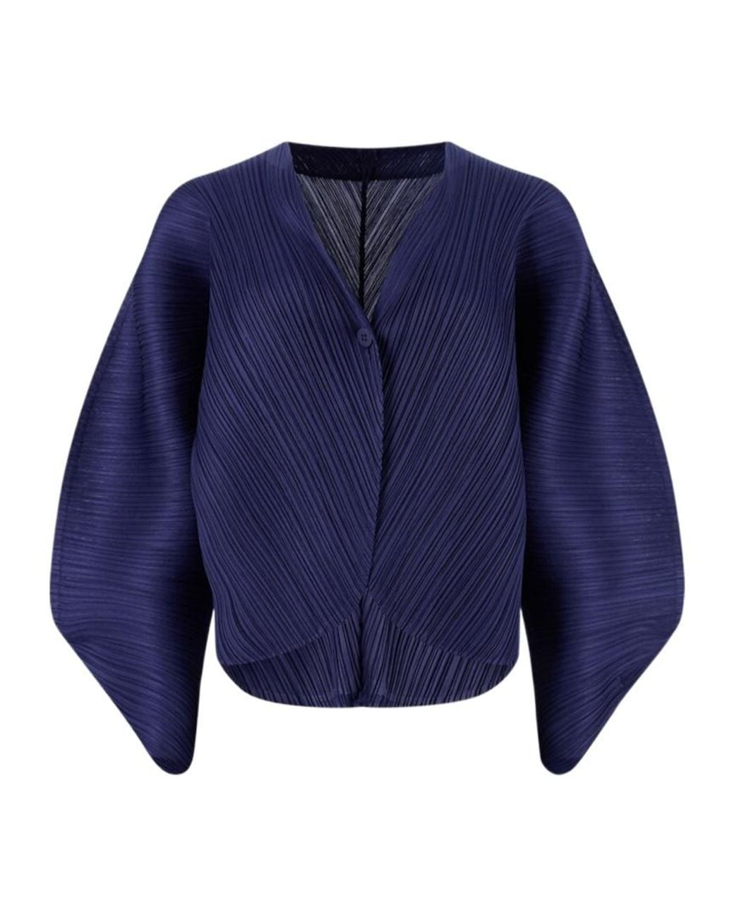 Pleats Please Issey Miyake Blue Crêpe-Gauze Pleated Oversized Lantern-Sleeve Cardigan