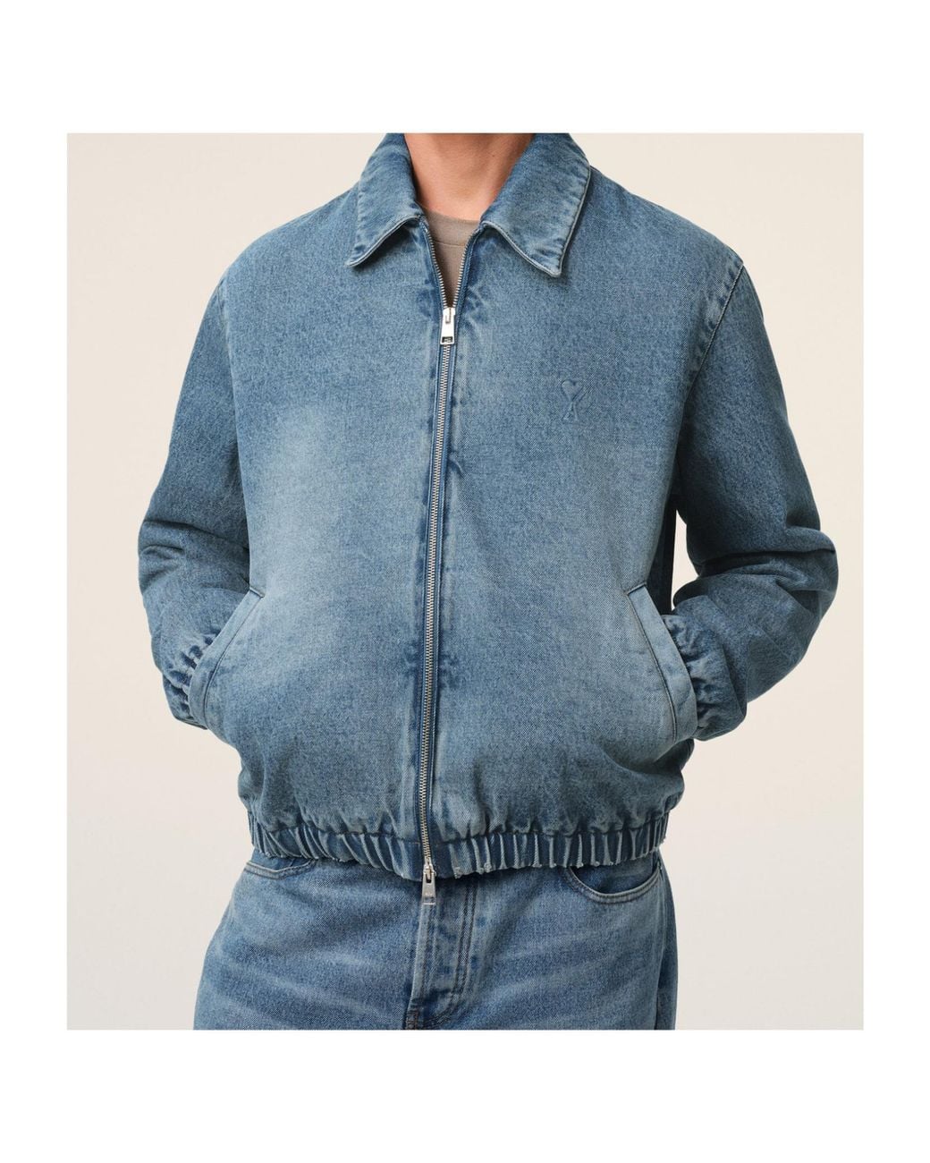 AMI Blue Logo Embossed Zip-Up Denim Jacket for men